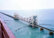 India's only rail bridge on open sea by rangss.  Tags: Rameswaram, Tamil Nadu, Indian Railways, Transportation, india, sea.